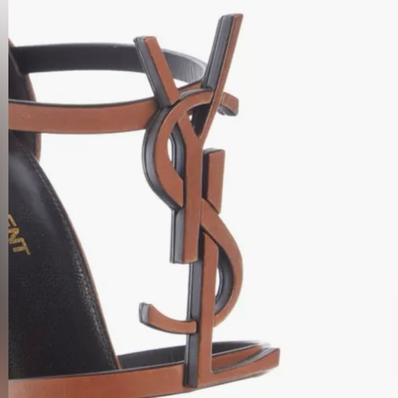 SAINT LAURENT CASSANDRA 100 SANDAL METAL YSL LOGO BROWN LEATHER SZ 39.5 NEW! - Picture 11 of 16